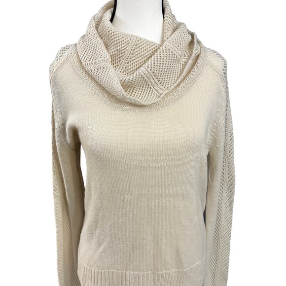 Lucky Brand Cowl Neck Knit Sweater Womens Large Cream Textured Sleeves Pullover - Picture 9 of 9